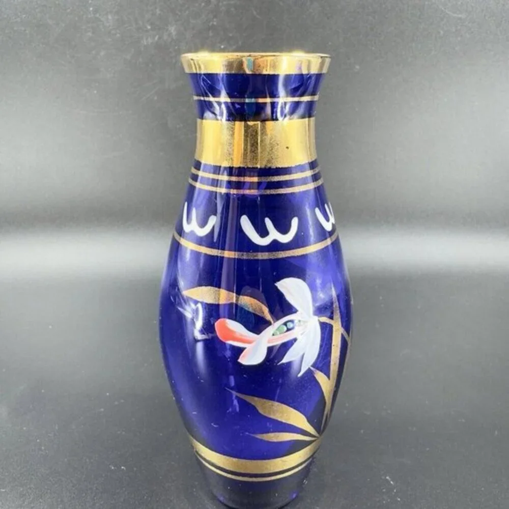 Vintage Bohemian‎ Art Glass Vase Vessel With Hand Painted Flowers Czech Vase VTG